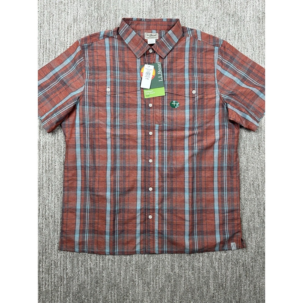 NWT LL Bean Mens SunSmart Cool Weave Shirt Short Sleeve Plaid Red Large Outdoors